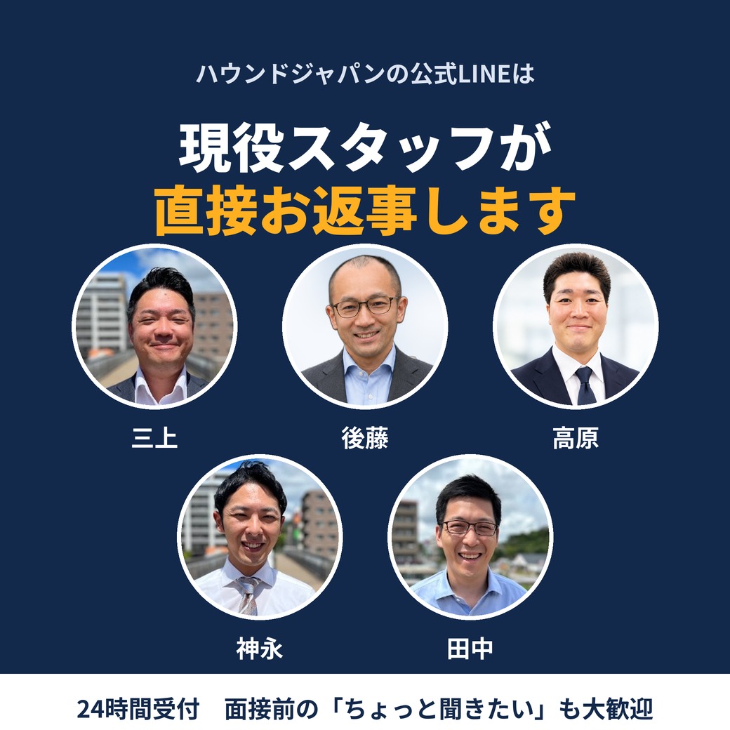 ハウンドジャパンの現役スタッフ5名（三上・後藤・高原・神永・田中）